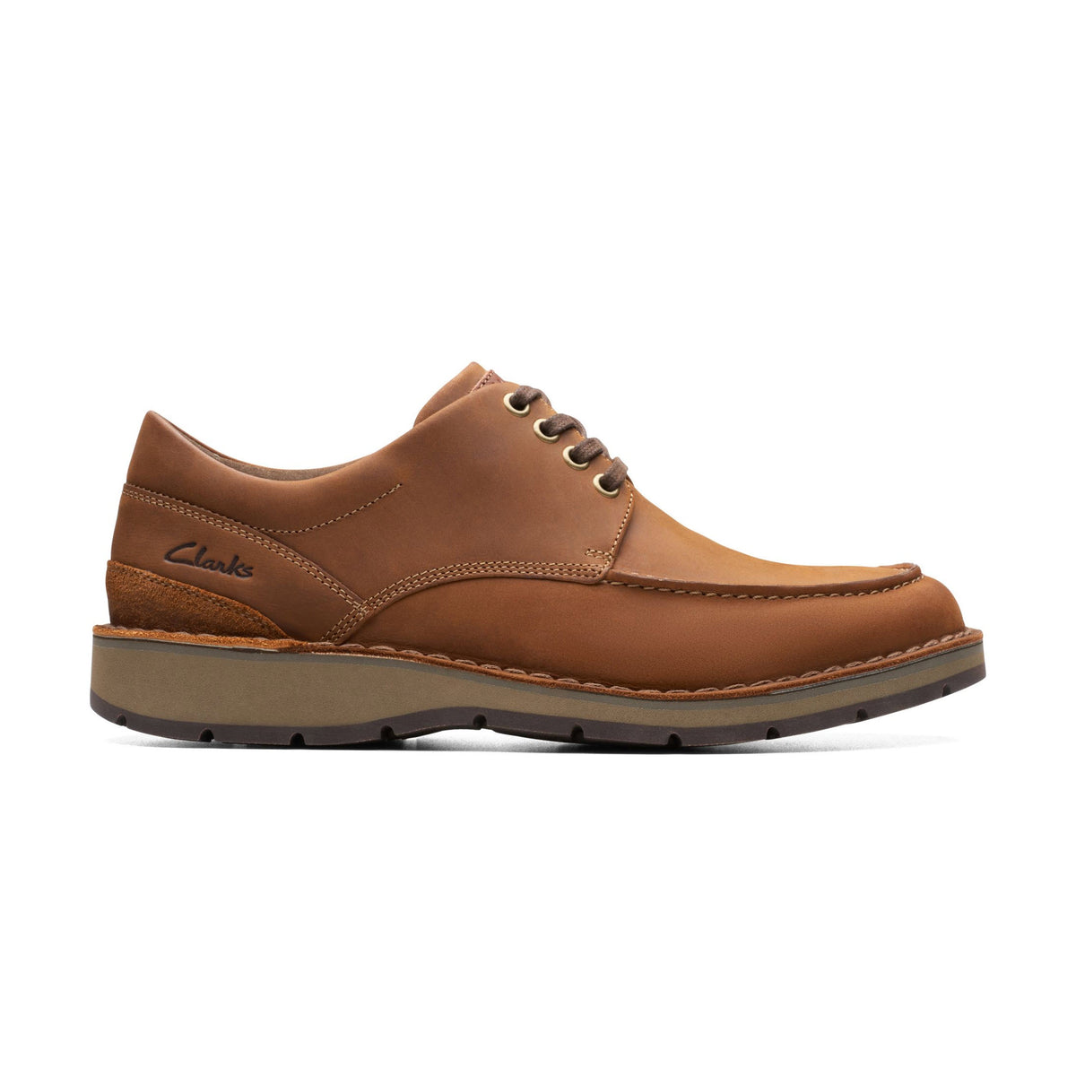 A single brown Clarks brand men&#39;s dress shoe, the CLARKS GRAVELLE LOW LACE OXFORD DARK BROWN NUBUCK, featuring premium nubuck, with a low heel and lace-up front, shown against a white background.