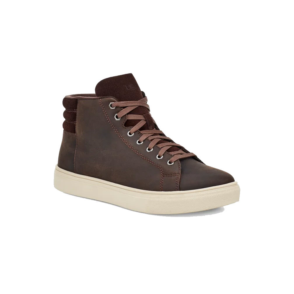 A single brown Ugg Baysider High Weather Sneaker made from waterproof leather, with white soles and brown laces on a white background.