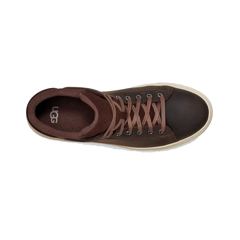 A brown high-top Ugg Baysider High Weather sneaker with laces, viewed from above against a white background.