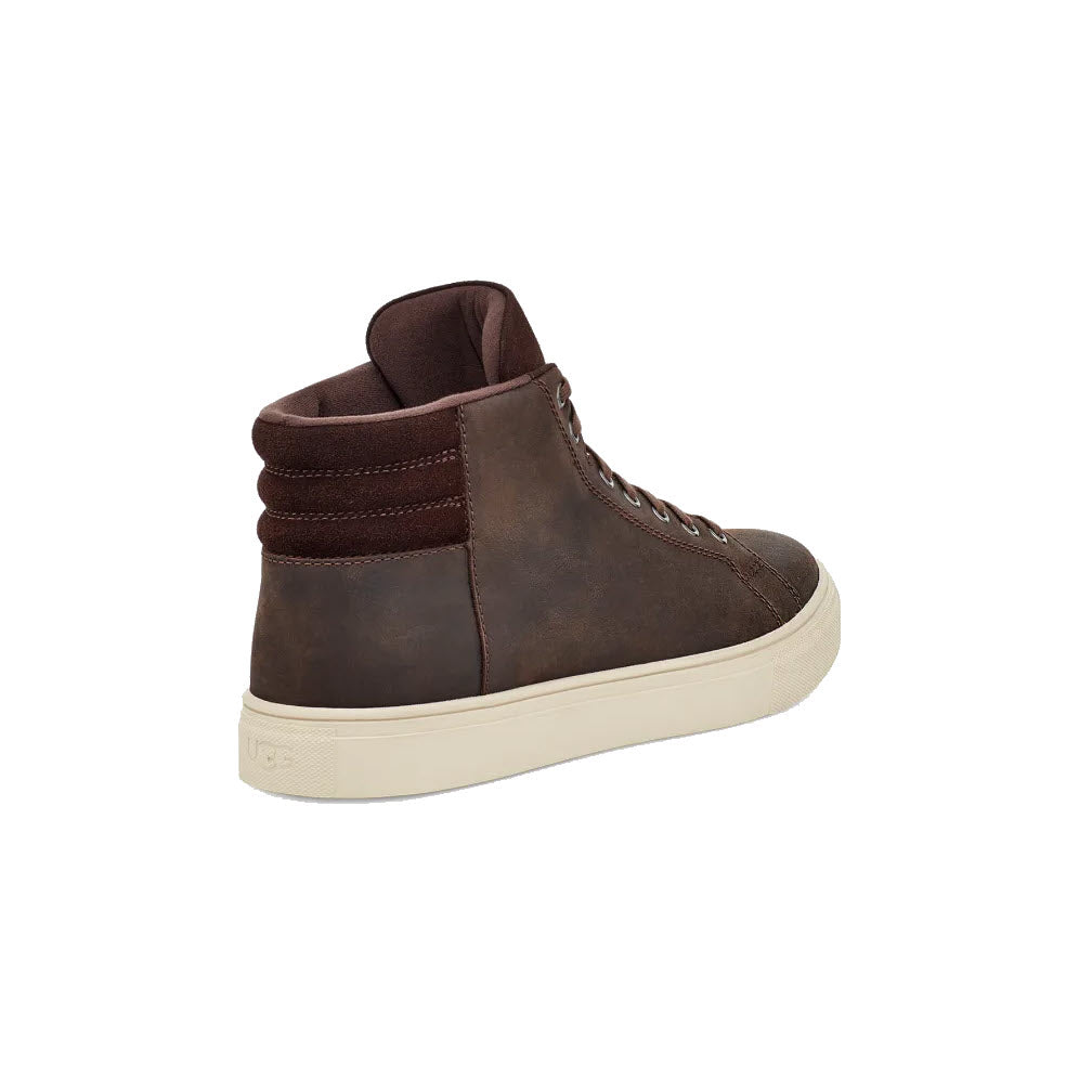 A UGG Baysider High Weather sneaker in Grizzly leather with white soles and lace-up front, displayed on a white background.