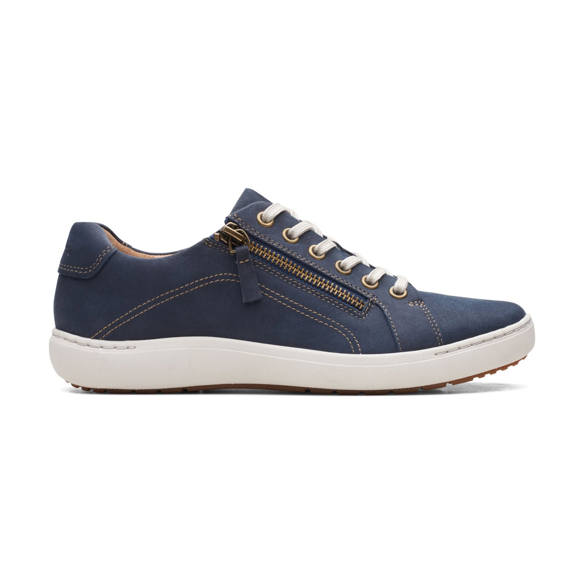 A single navy blue Clarks Nalle Lace sneaker with zipper detailing and a white sole, displayed against a white background.