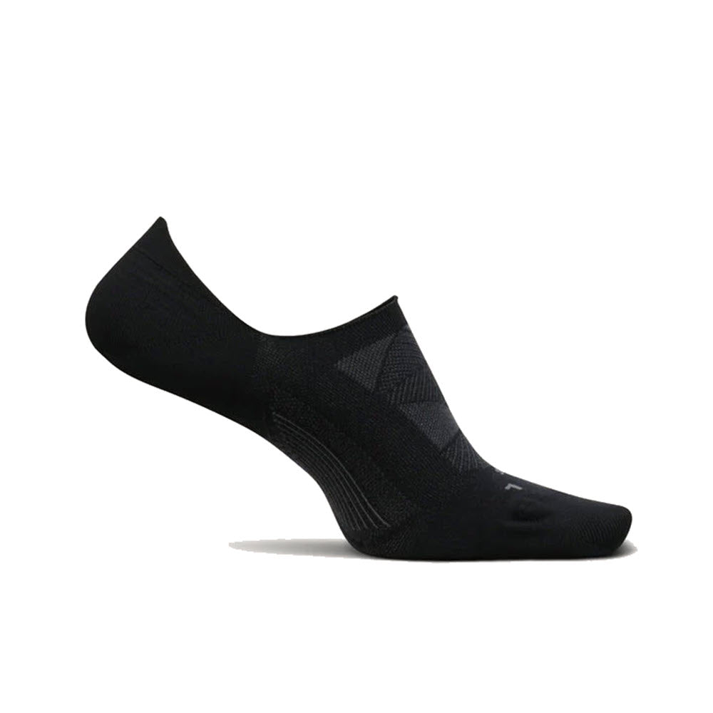 A single Feetures Elite Ultra Light Invisible Sock in black, featuring a subtle geometric pattern and Heel Hugger 2.0 targeted compression, is displayed against a white background.