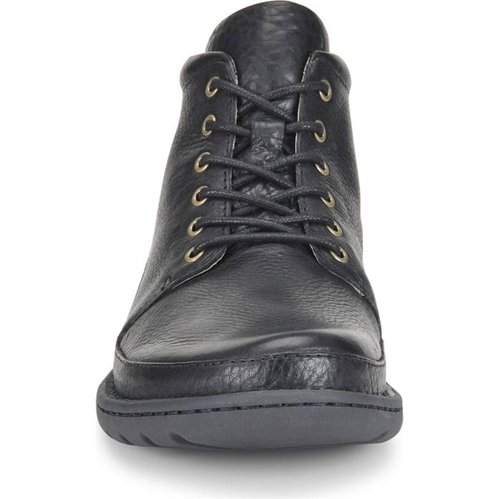 Front view of a black leather Born Nigel lace chukka boot with laced-up eyelets on a white background.