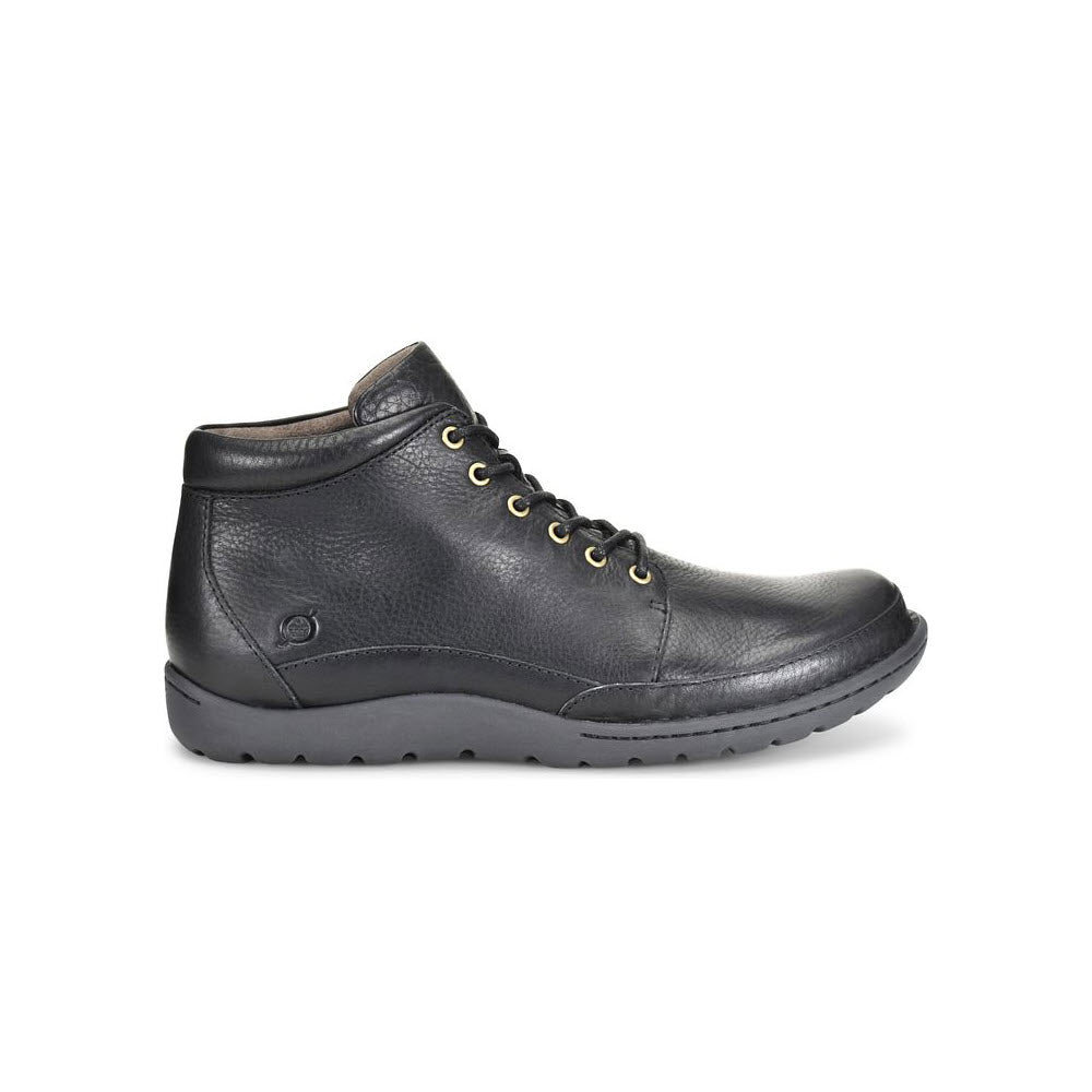 A single Born Nigel Lace Chukka Boot Black - Mens, crafted from black leather with a lace-up front and a small logo on the side, is displayed against a white background.