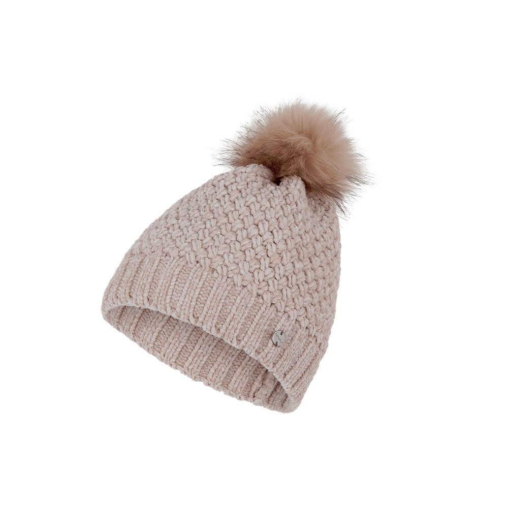 Millymook/Dozer Beige chenille yarn Millymook Valerie beanie with a fluffy faux fur pom-pom on top, isolated on a white background.