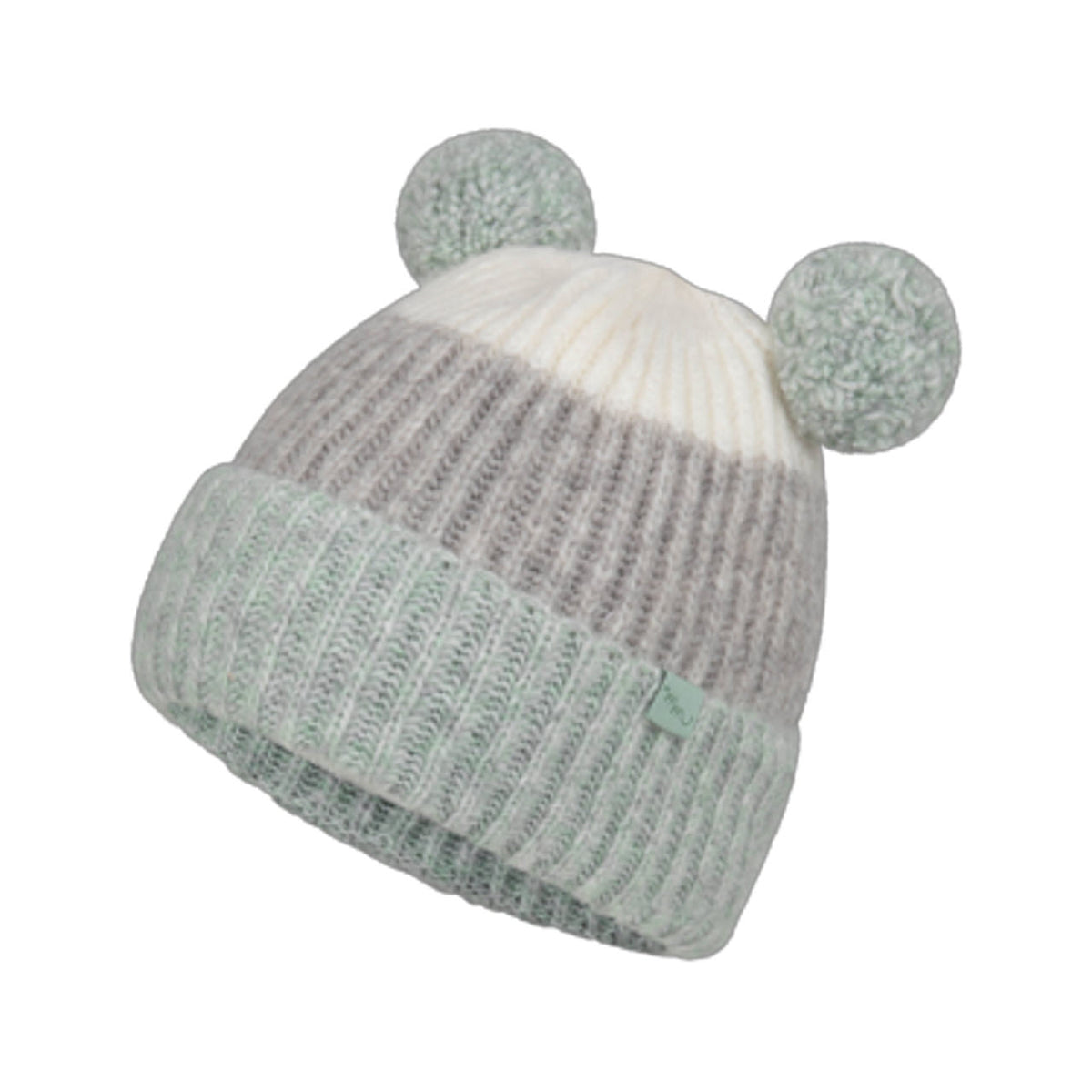 A Millymook Togara beanie in sage green and white, adorned with two pom-poms on top, isolated on a white background.