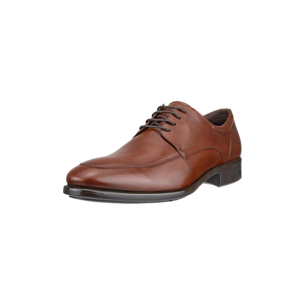 A brown leather Ecco Citytray apron toe tie cognac shoe with laces on a white background.