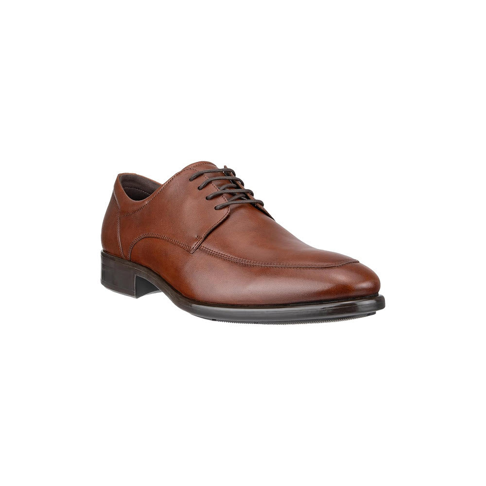 A single brown leather Ecco CITYTRAY APRON TOE TIE derby shoe with laces, viewed from the side against a white background.