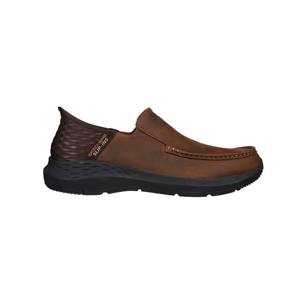 A Skechers Parson Moc Toe Leather Slip-On in Dark Brown with a textured side panel and Air-Cooled Memory Foam, featuring a black sole, isolated on a white background.