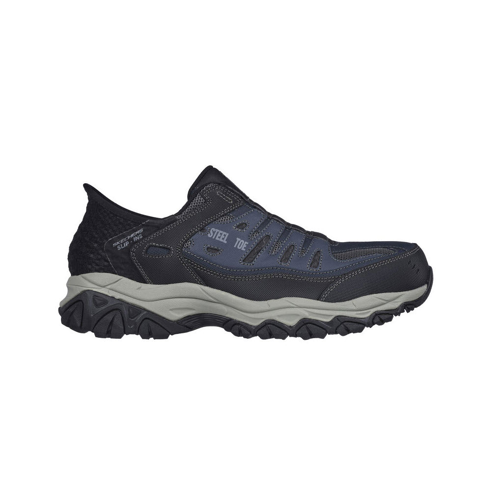A black and gray Skechers hiking shoe with a reinforced steel safety toe and textured sole, featuring blue accents and brand logo.