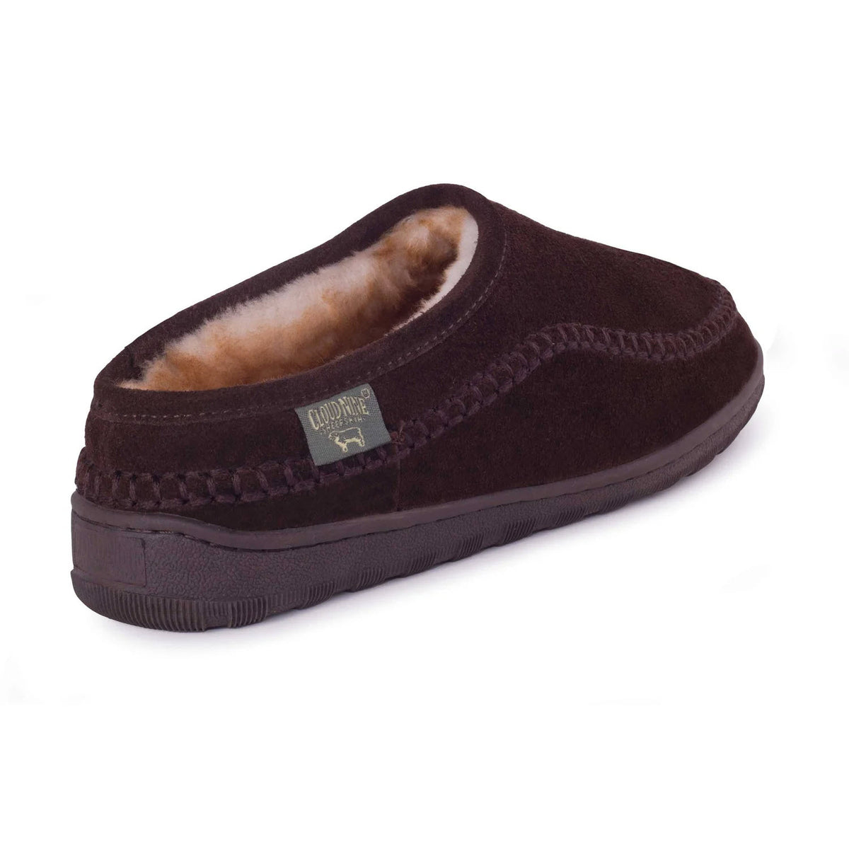 A dark brown, suede Cloud Nine Pacific slide by Deer Stags with a plush lining and a thick rubber sole, isolated on a white background.