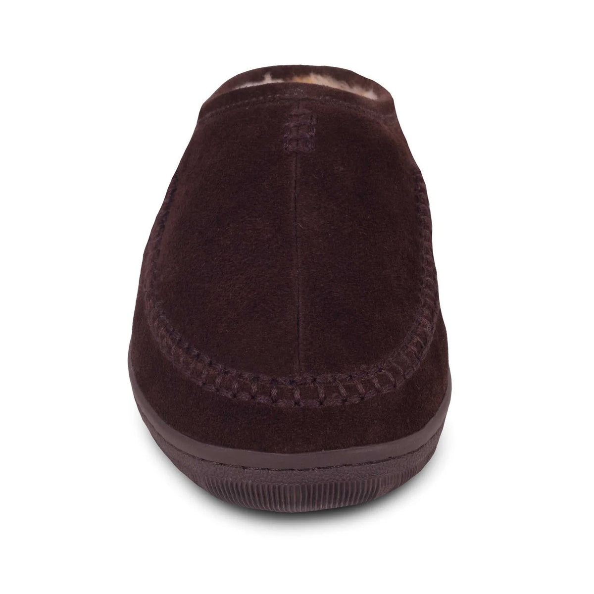 Rear view of a Deer Stags CLOUD NINE PACIFIC SLIDE CHOCOLATE SUEDE - MENS shoe with visible stitching and a dark sole on a white background, evoking foot happiness.
