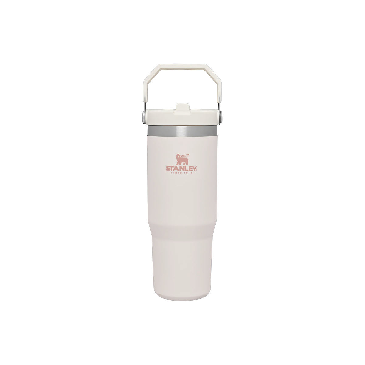 White Stanley IceFlow tumbler 30oz Rose Quartz with double-wall vacuum insulation and a handle, centered on a plain background.