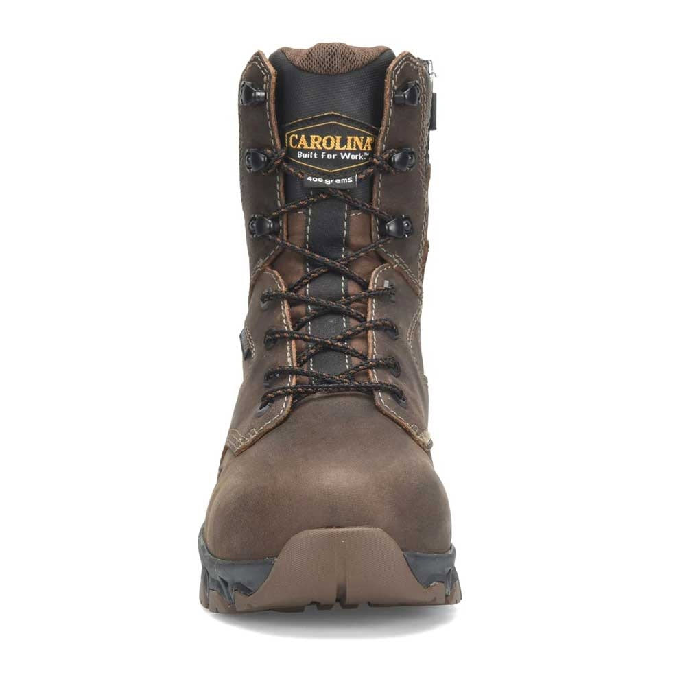 A single brown Carolina CT Subframe 8 inch side zip waterproof 400 grams insulated work boot with lace-up front and a rugged sole, viewed from the front.