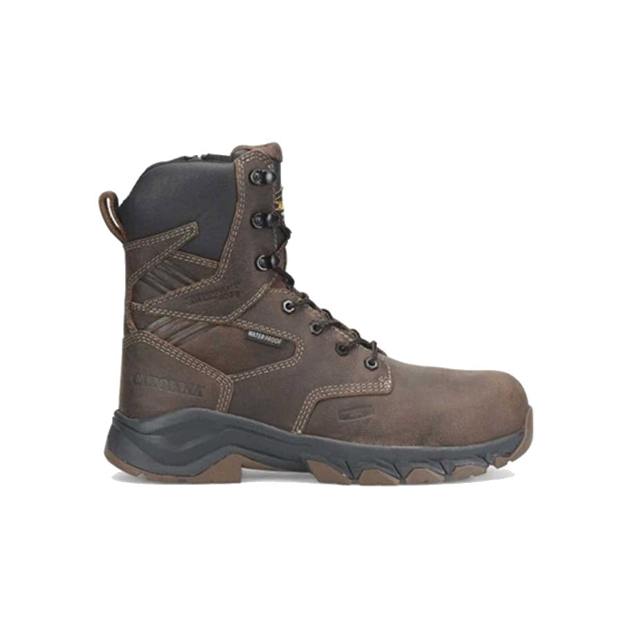 Brown Carolina CT Subframe 8 Inch Side Zip Waterproof 400 Grams Insulated work boot with Safety Toe Cap, laces, side logo, and rugged sole, displayed against a white background.