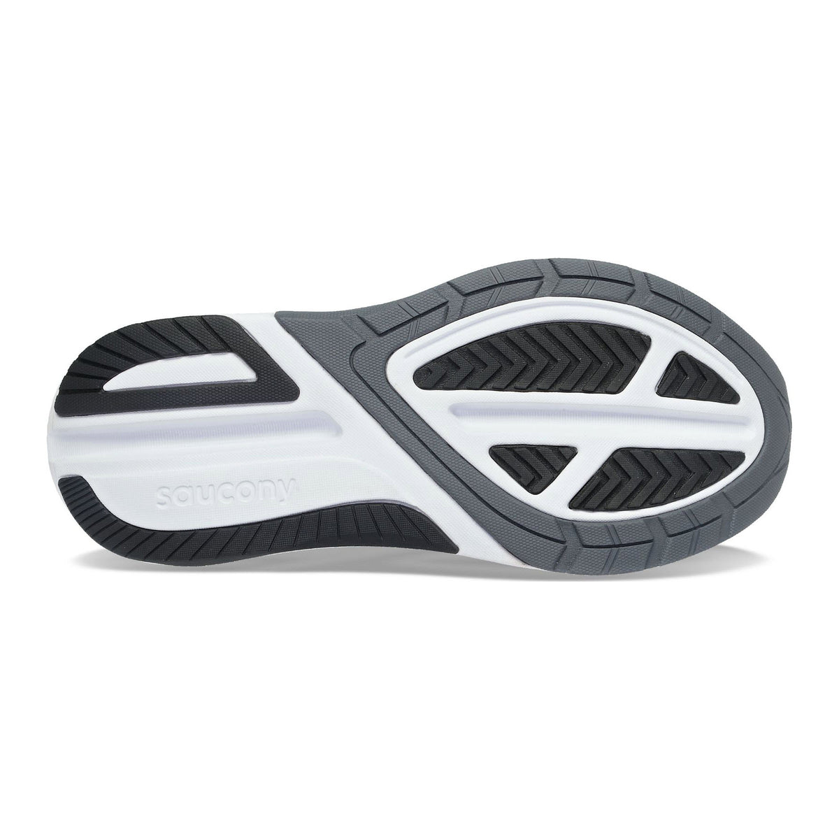 Sole of a Saucony SAUCONY ECHELON 9 BLACK/WHITE - WOMENS running shoe showcasing a gray and white tread pattern with logo.