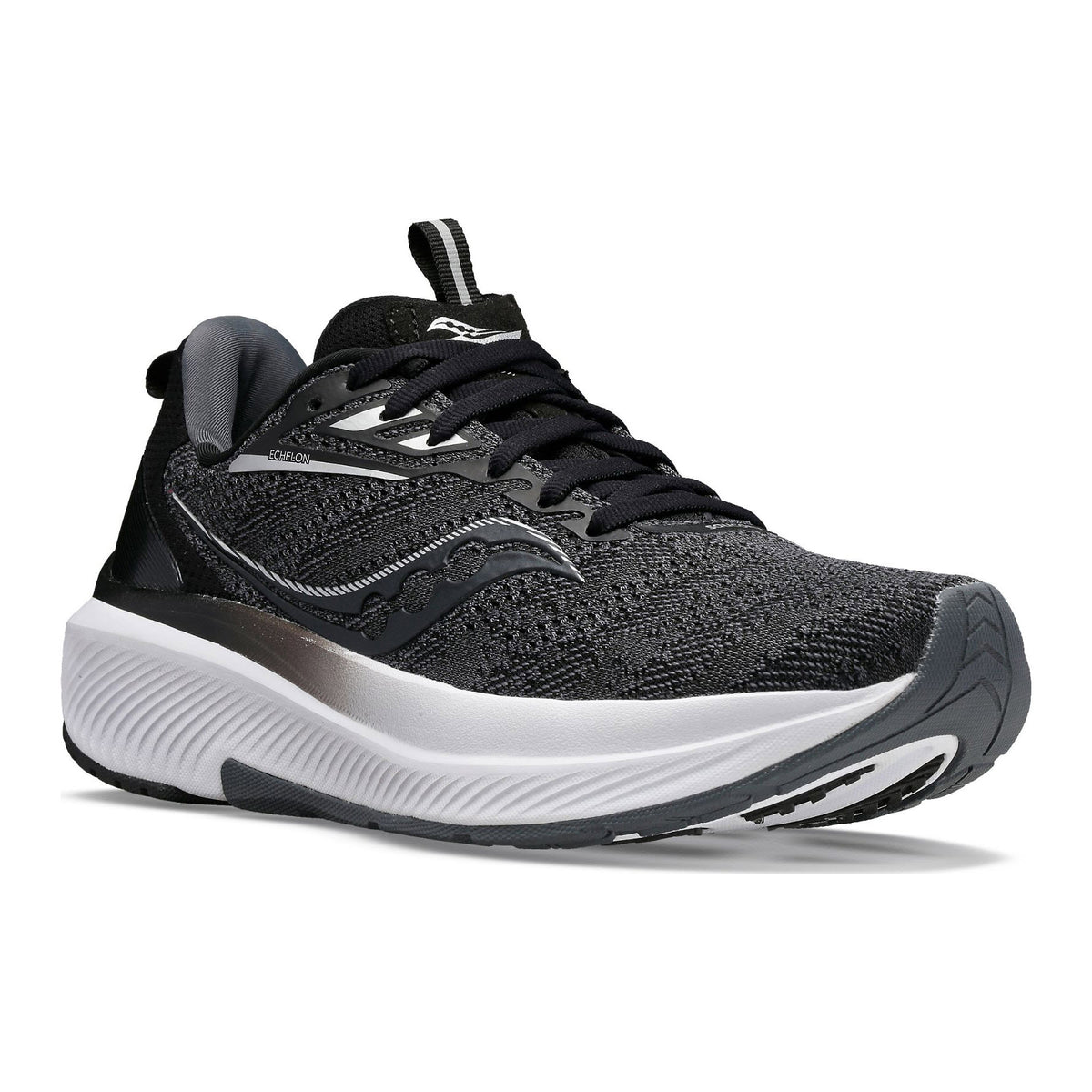 Black and gray Saucony Echelon 9 running shoe with max cushioning, featuring a white sole and curved laces, displayed against a white background.
Product Name: SAUCONY ECHELON 9 BLACK/WHITE - WOMENS
Brand Name: Saucony