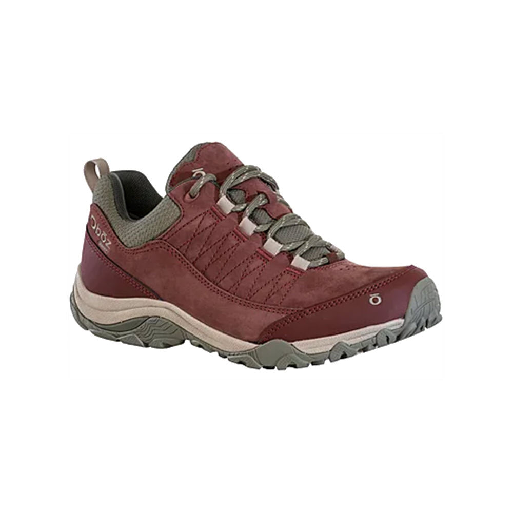 A single OBOZ OUSEL LOW B-DRY PORT - WOMENS hiking shoe with gray trim, featuring B-DRY waterproof technology, displaying laces, a loop on the back, and a rugged sole.