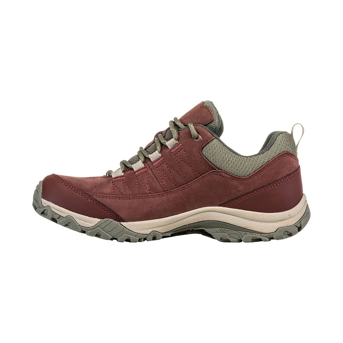 Side view of a single OBOZ OUSEL LOW B-DRY PORT hiking shoe featuring B-DRY waterproof technology, designed for rugged terrain.