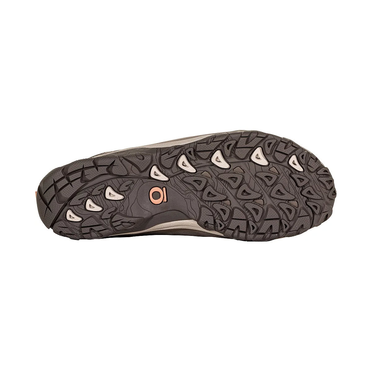 Sole of an Oboz Ousel Low B-Dry Port hiking shoe with a black tread pattern featuring triangular and geometric shapes, utilizing B-DRY waterproof technology, and an orange circular logo.