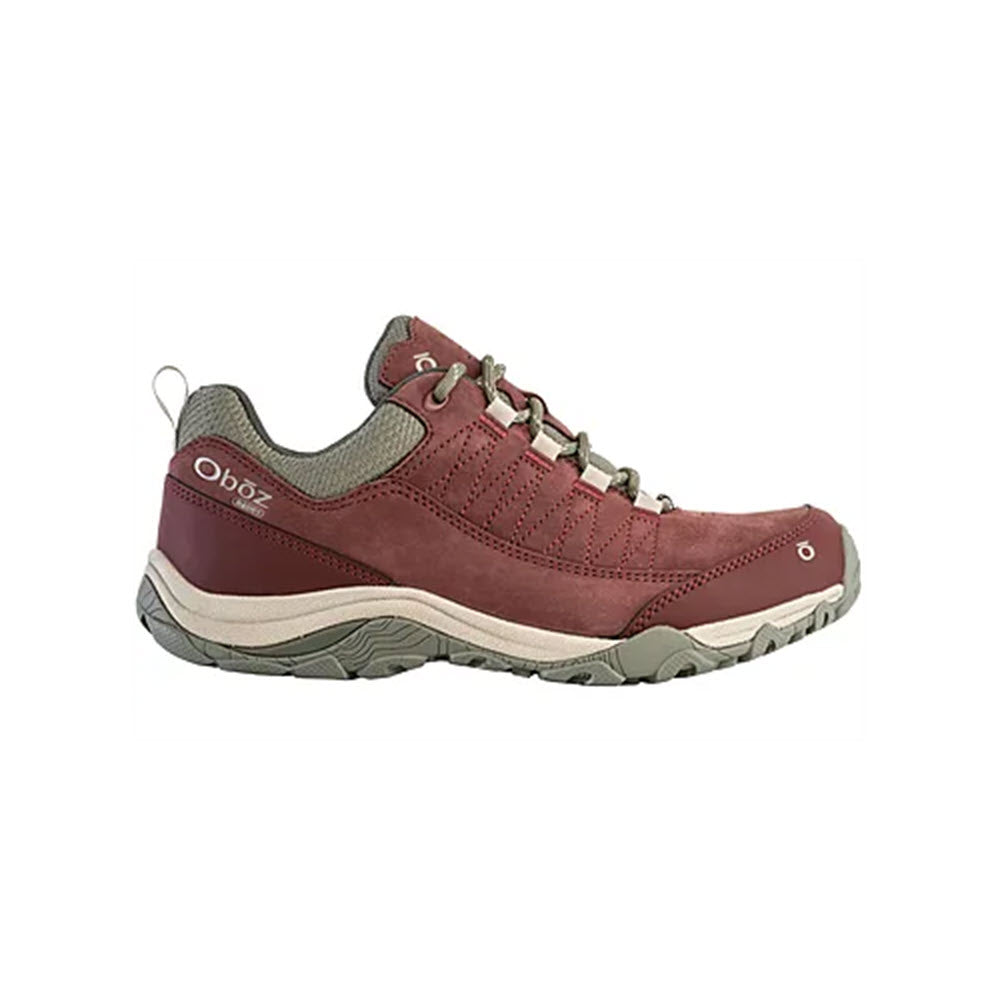 A single OBOZ OUSEL LOW B-DRY PORT hiking shoe with gray accents, featuring B-DRY waterproof technology, showcasing a rugged sole and lace-up front.
