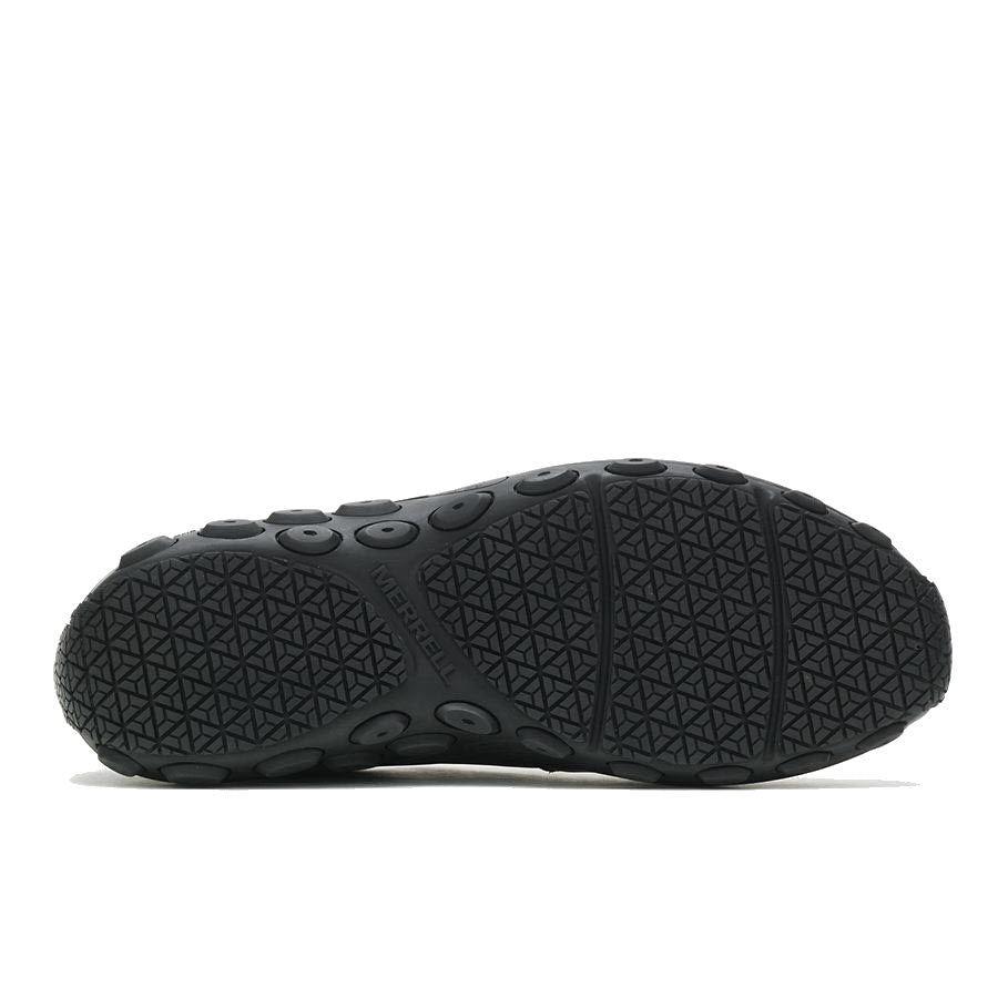 Sole of a black sneaker with a patterned tread and circular grips, featuring a COMFORTBASE footbed and showing Merrell in relief.