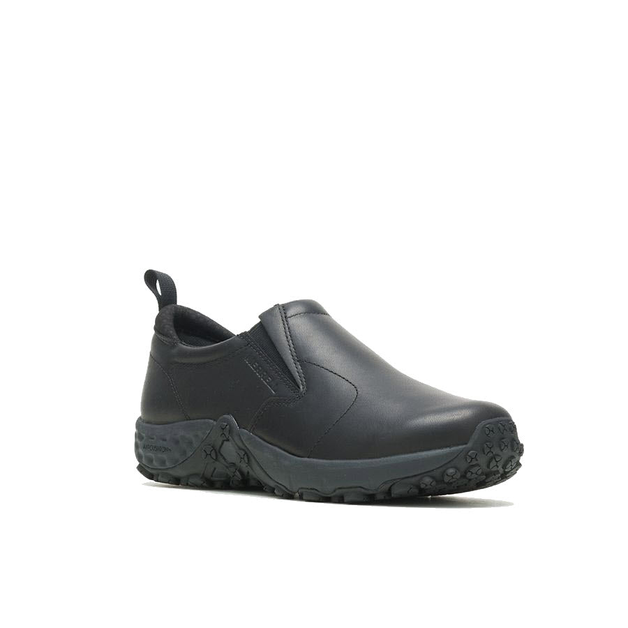 A single black Merrell Jungle Moc Pro 2 slip-on shoe with a thick, slip resistant rubber sole, displayed against a plain white background.