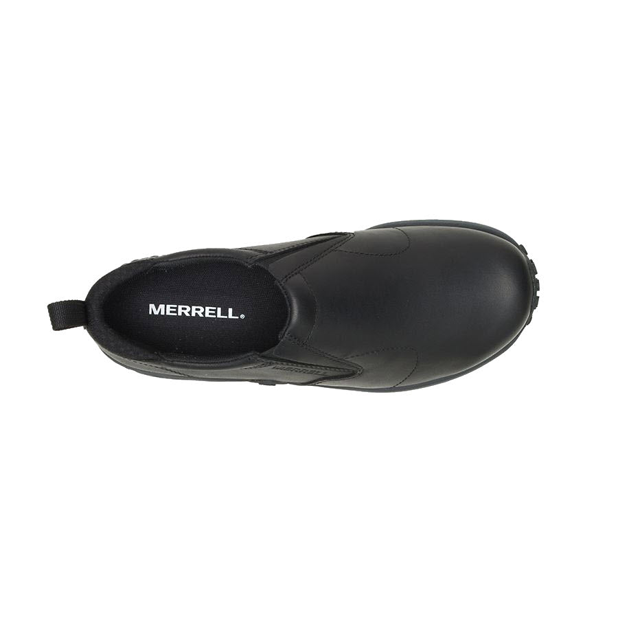 Top view of a black Merrell Jungle Moc Pro 2 slip-resistant waterproof slip-on shoe with a visible brand label inside.