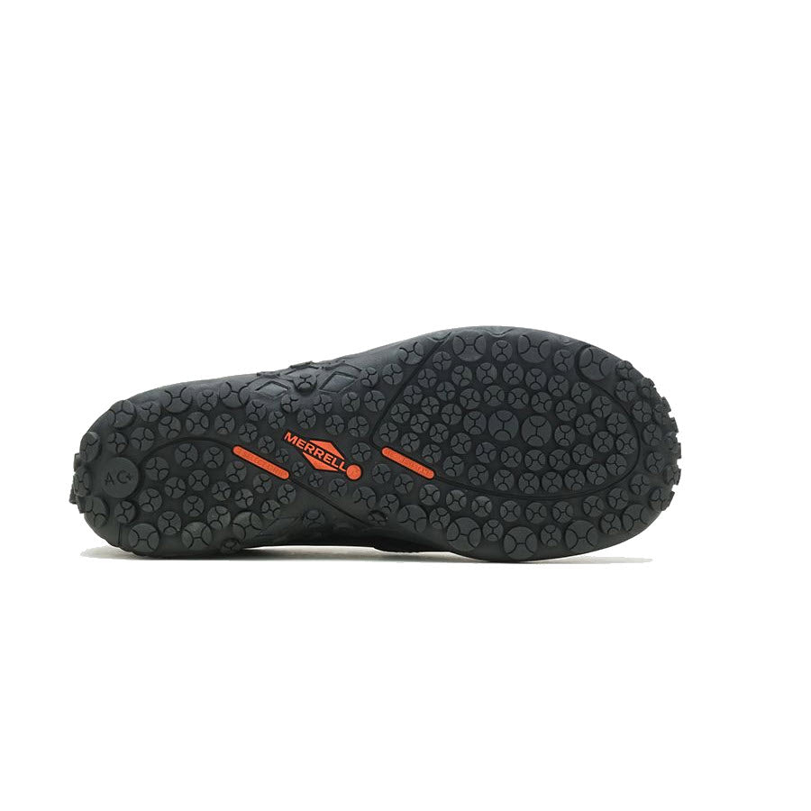 Sole of a Merrell Jungle Moc Pro 2 Slip Resistant Waterproof Black hiking boot crafted from waterproof full-grain leather, displaying intricate tread pattern and orange brand logo.
