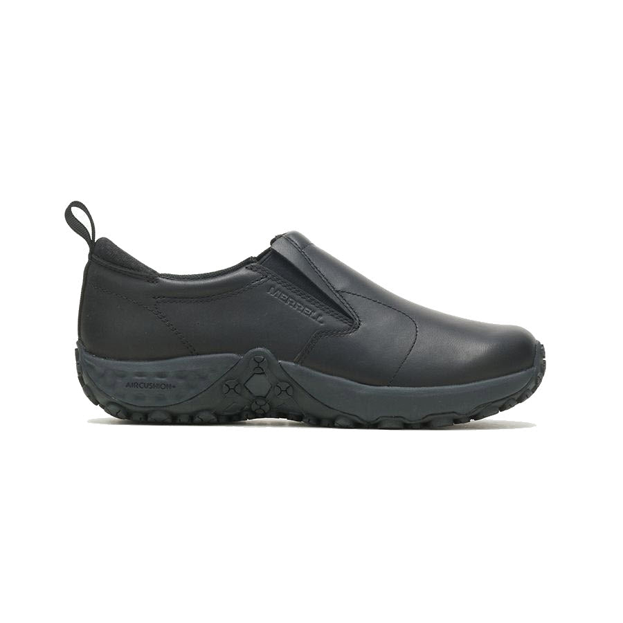 Merrell black slip-on sneaker with a slip resistant rubber chunky sole and pull tab on the heel, featuring a logo on the side.