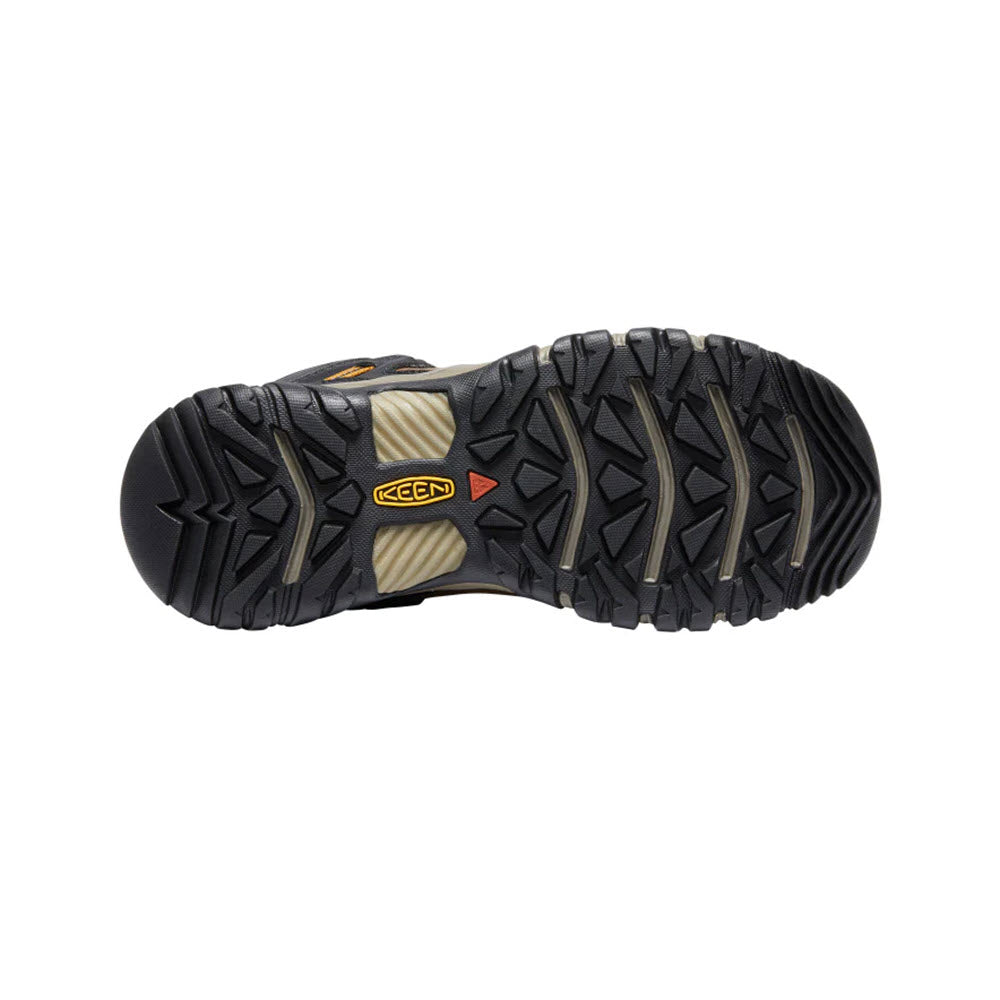 Bottom view of a Keen Ridge Flex Mid WP Bison/Golden Brown - Men&#39;s hiking boot showing the tread design for grip on outdoor terrains.