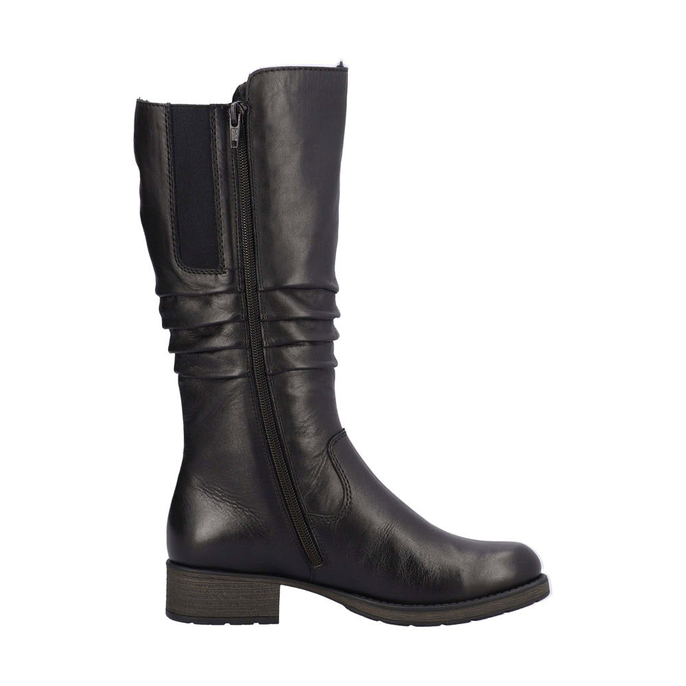 Black Rieker Rouched Mid Bootie with a low heel and a side zipper, displayed against a white background.