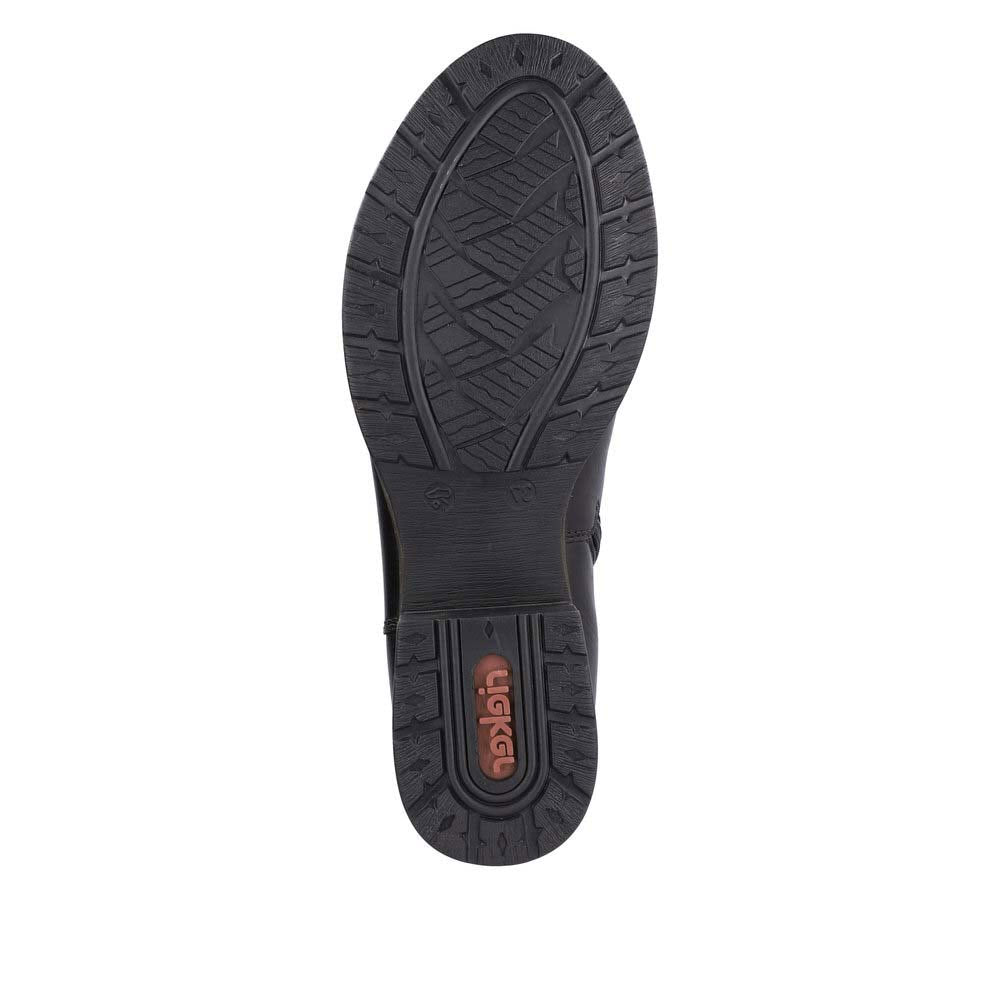 Bottom view of a black Rieker RIEKER ROUCHED MID BOOTIE BLACK - WOMENS showcasing its textured sole with visible brand logo.