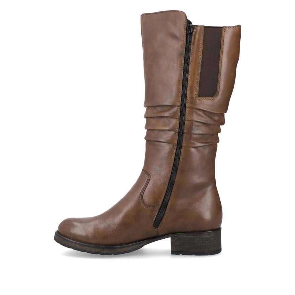 Sentence with replacements: Rieker RIEKER ROUCHED MID BOOTIE CHESTNUT brown breathable leather riding boot with side zipper - WOMENS.