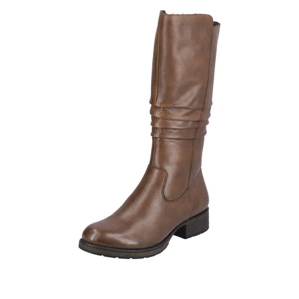 A brown breathable leather mid-calf boot with a low heel on a white background. 
RIEKER ROUCHED MID BOOTIE CHESTNUT - WOMENS by Rieker