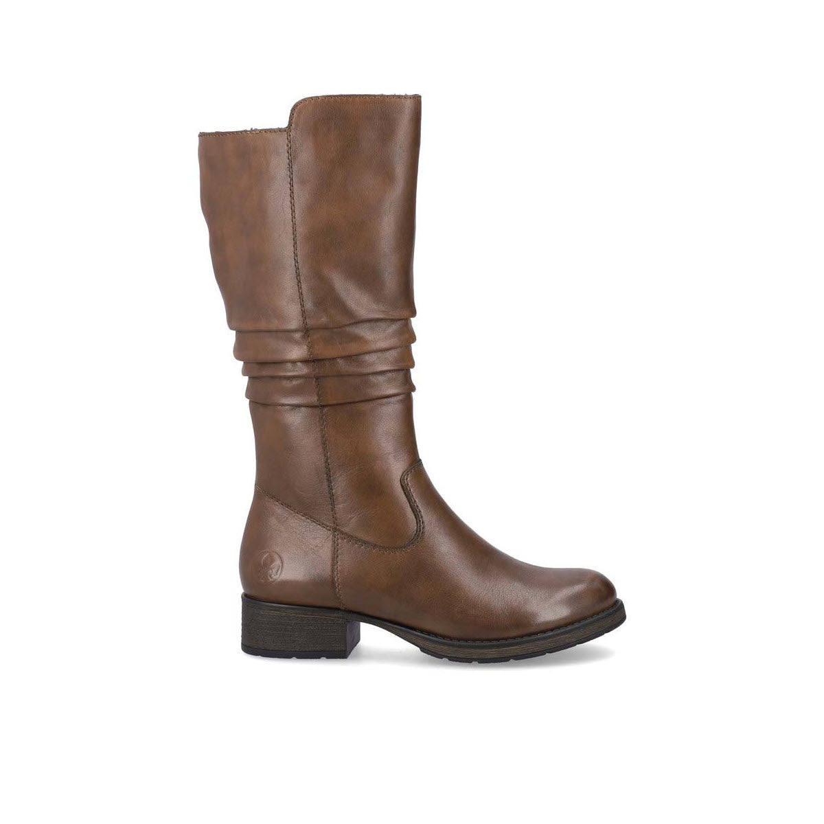 A single Rieker brown breathable leather mid-calf boot with a low heel on a white background.