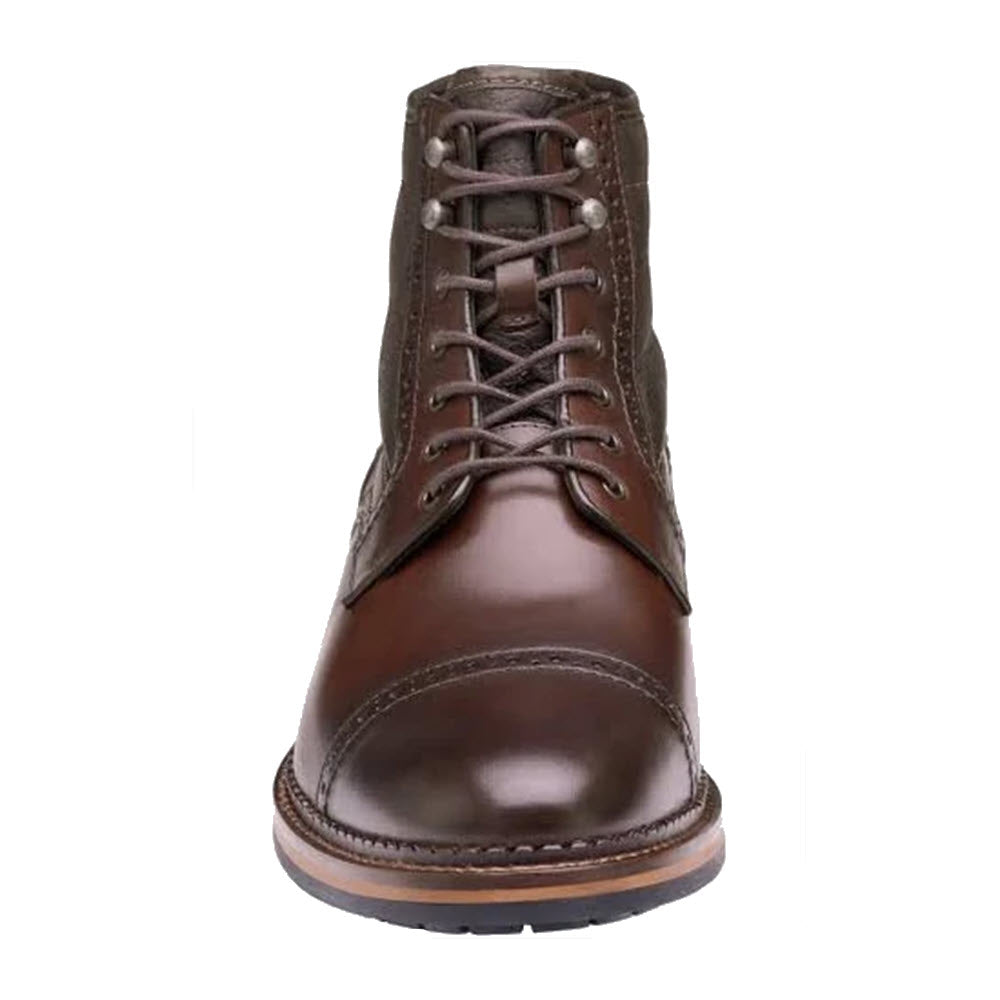 Brown leather lace-up Johnston &amp; Murphy Connelly Cap Toe Shearling Boot in Mahogany, viewed from the front on a white background.
