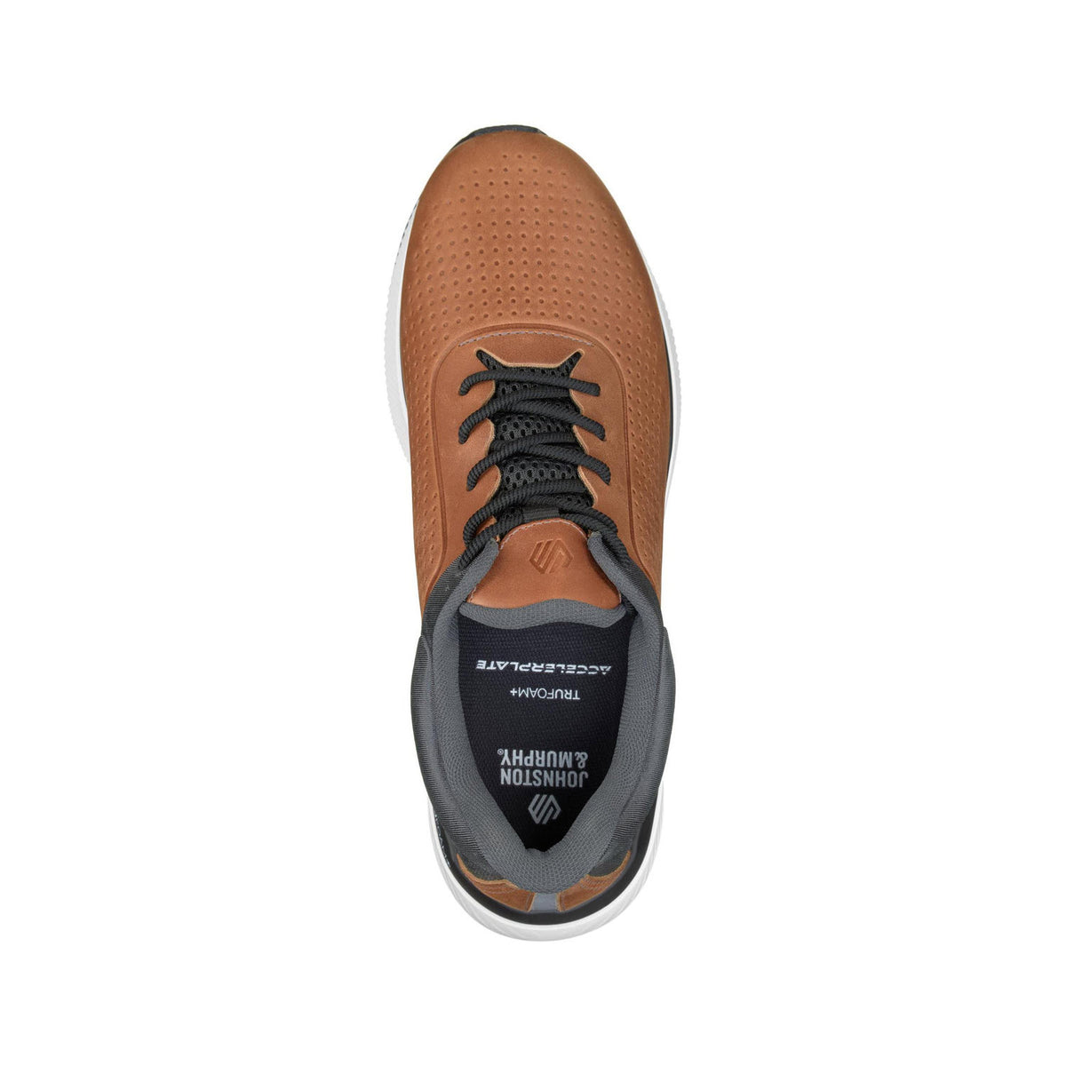 Top view of a single brown Johnston &amp; Murphy Miles U Throat Oxford full grain tan sneaker with black laces and visible brand logo on the tongue.