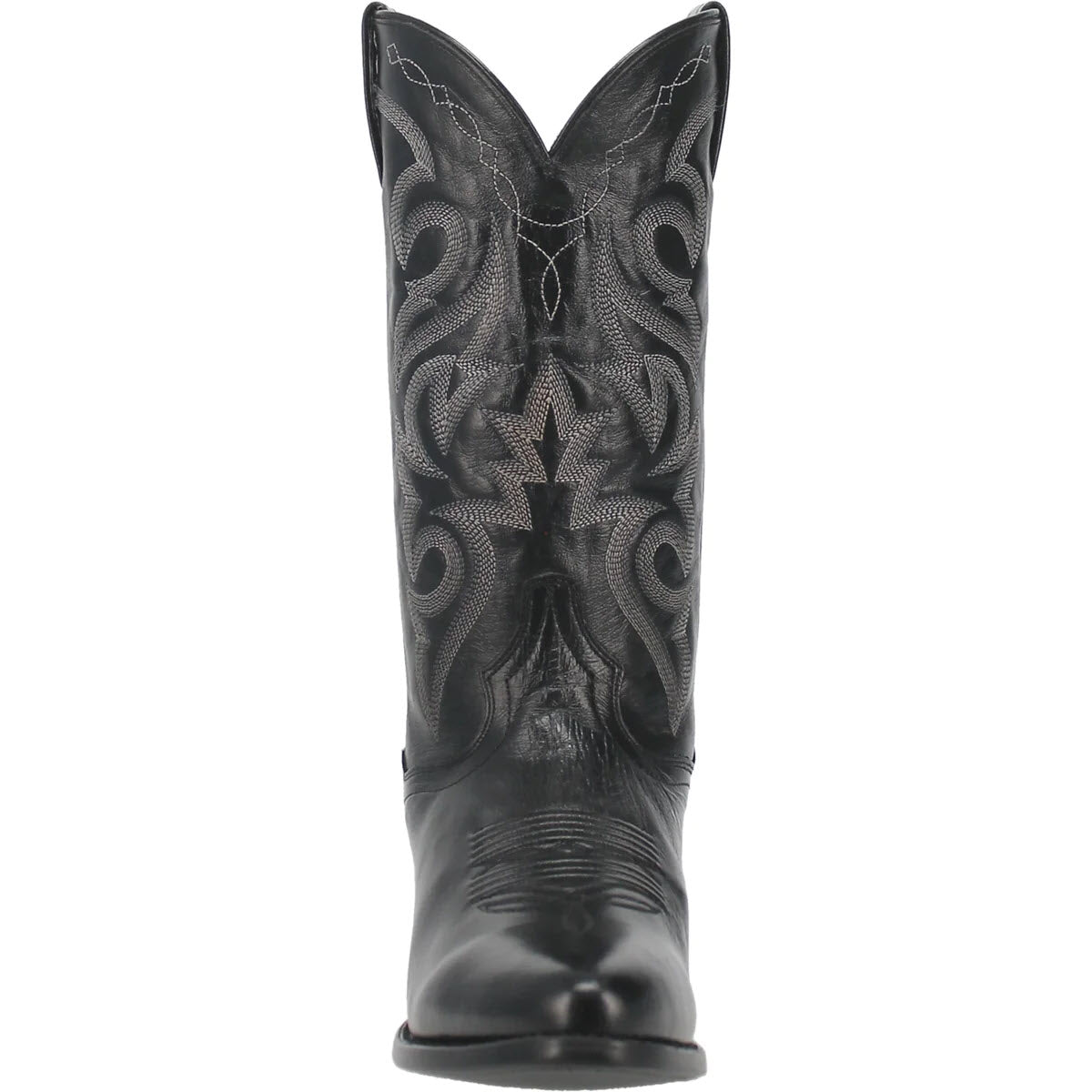 A black leather Dan Post Milwaukee 13 inch western boot with intricate embroidered designs on the shaft and a pointed toe, viewed from the front.