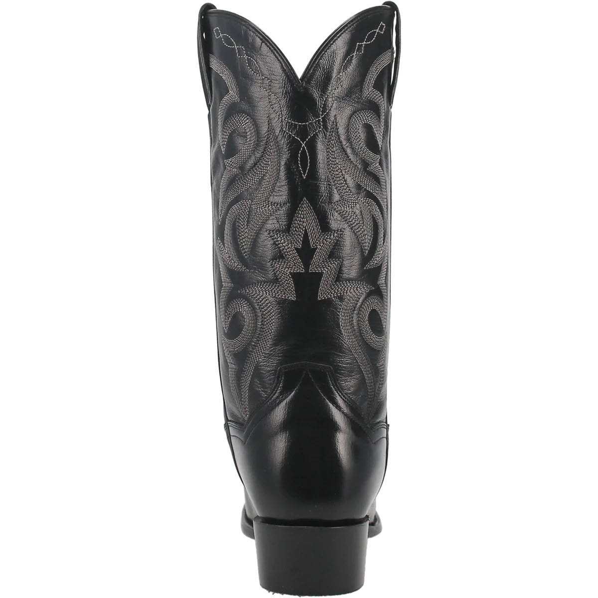 Black Dan Post Milwaukee 13 inch Western boot viewed from the front, featuring intricate grey stitching on its shaft and a smooth, polished toe.