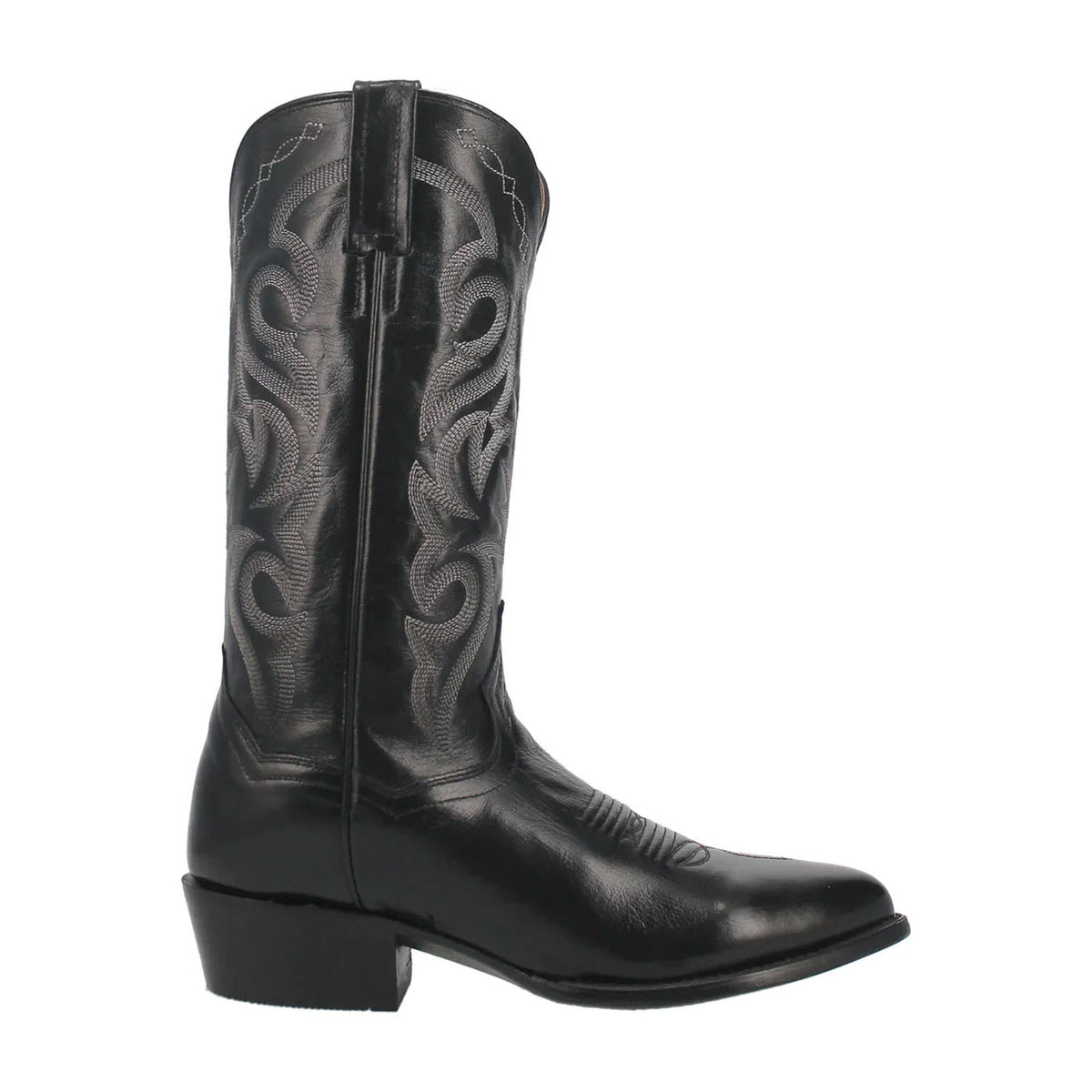 A single black leather Dan Post Milwaukee 13 inch Western boot with traditional western embroidery and a cowboy heel, isolated on a white background.