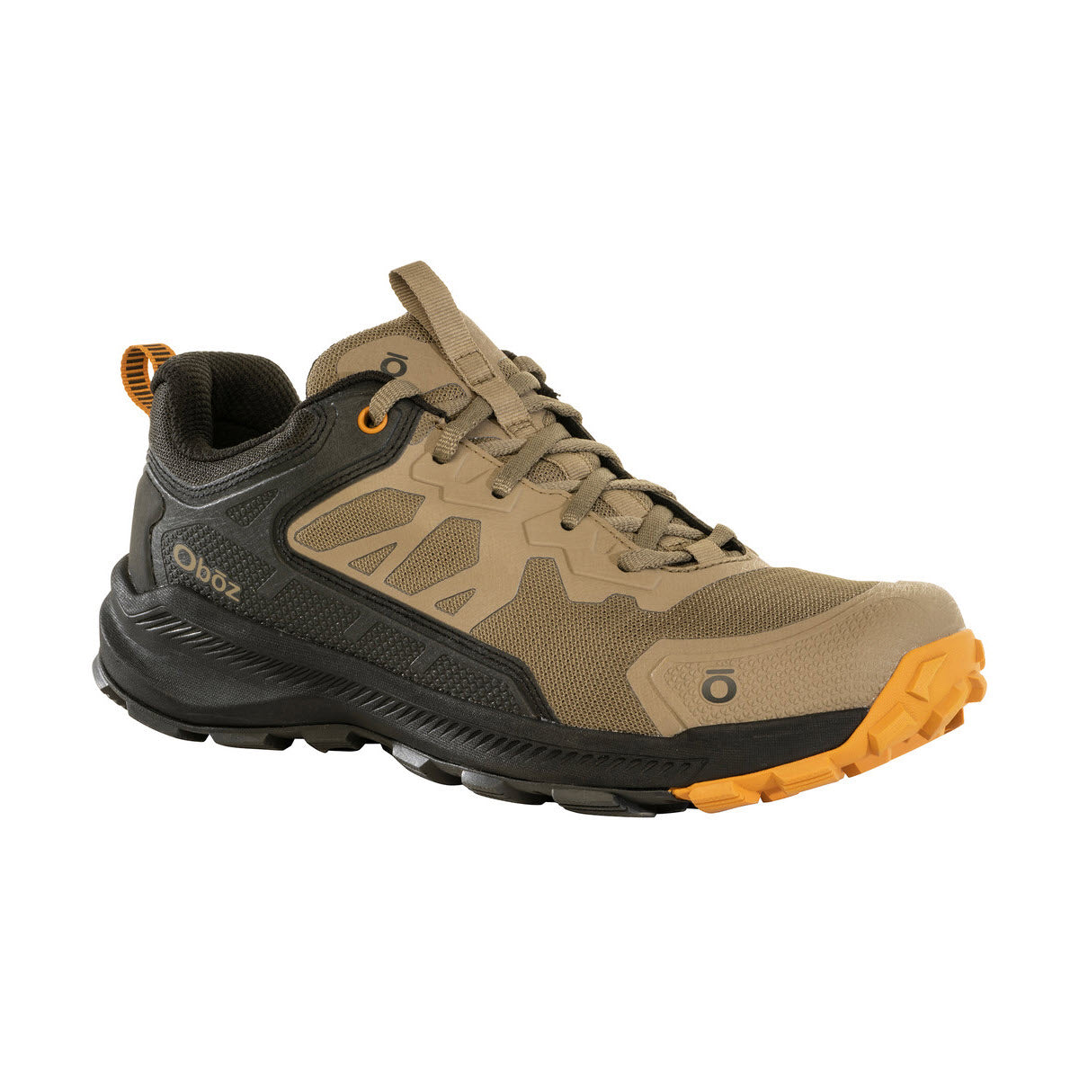 A single tan OBOZ KATABATIC LOW THICKET - MENS hiking trail shoe with orange and black accents, featuring a rugged sole and lace-up front.