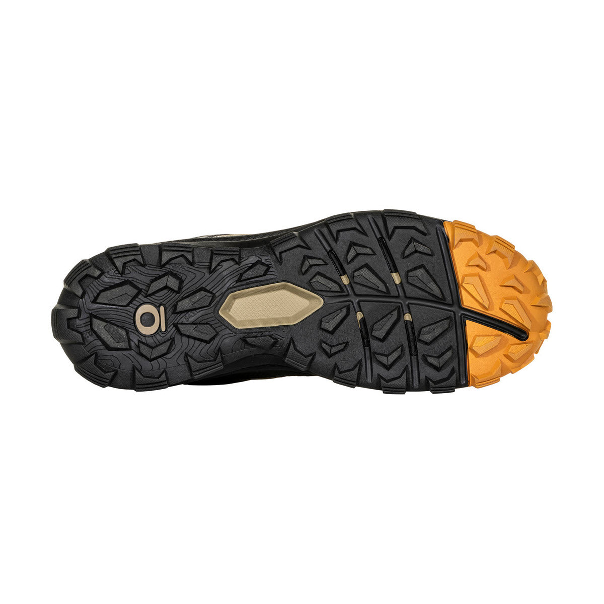 Sole of an Oboz Katabatic Low Thicket hiking boot with a black and grey tread pattern and orange accents.