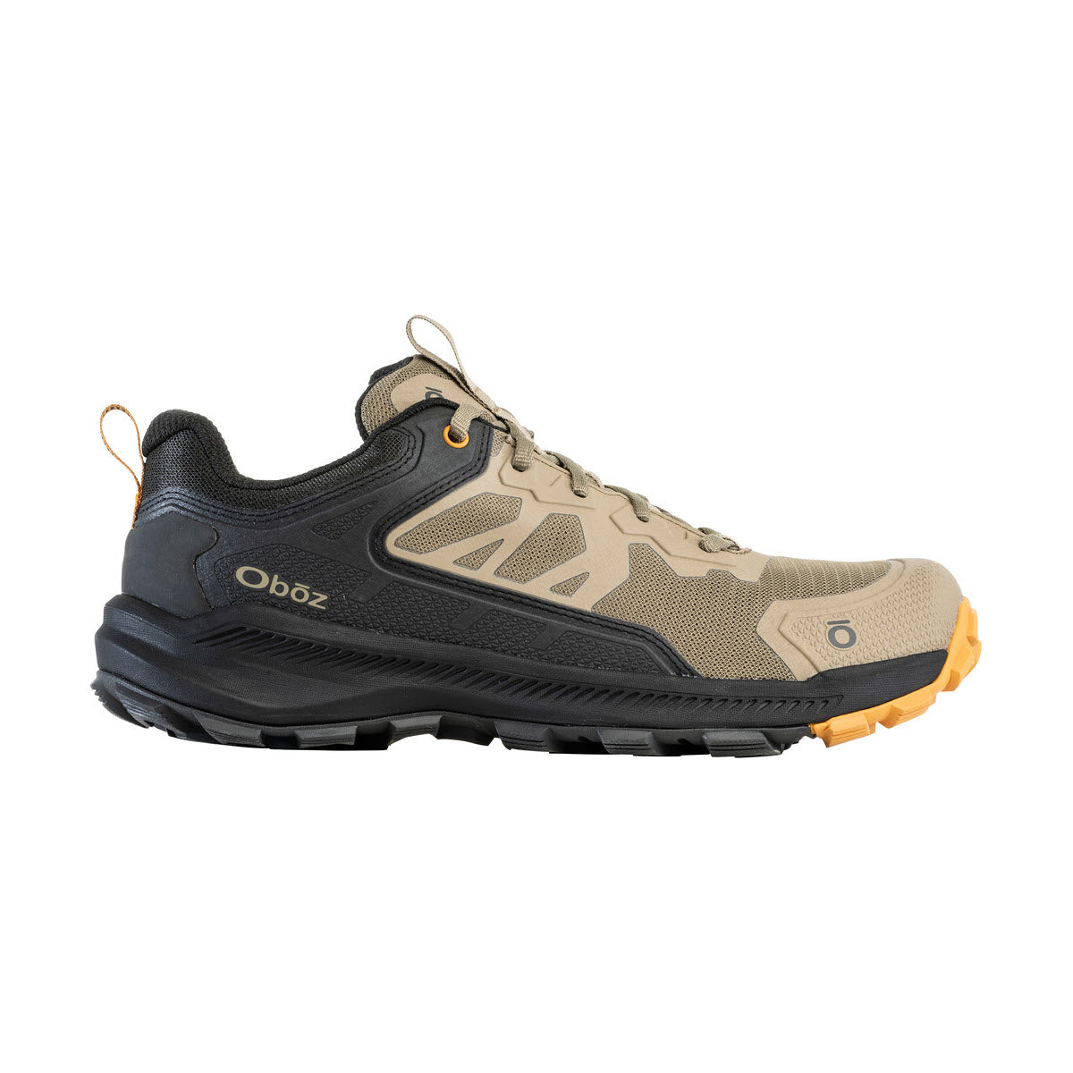 Side view of the gray and tan Oboz Katabatic Low Thicket hiking shoe with yellow accents on a white background.