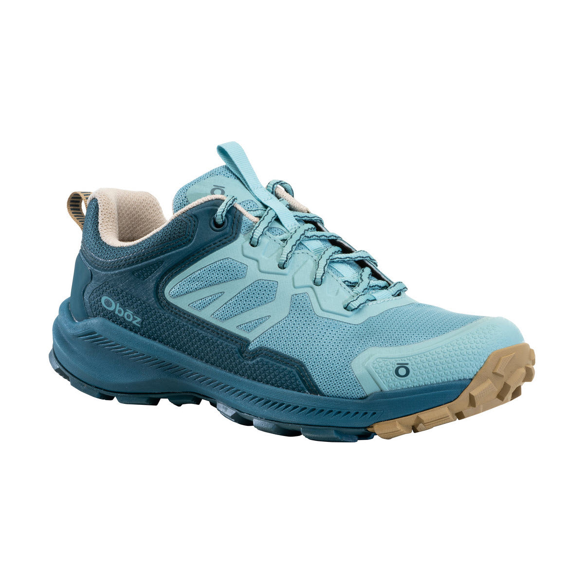 A light blue OBOZ KATABATIC LOW DARK ISLAND hiking shoe with tan sole, featuring a lace-up closure and the brand logo on the side.