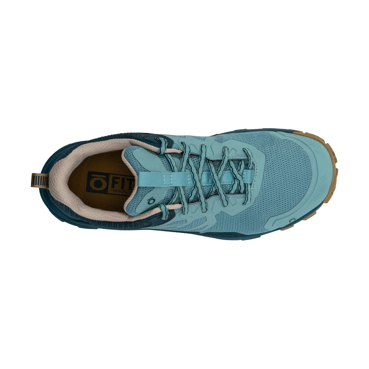 Top view of a single light blue Oboz Katabatic Low Dark Island trail running shoe with laces, featuring a logo on the insole.