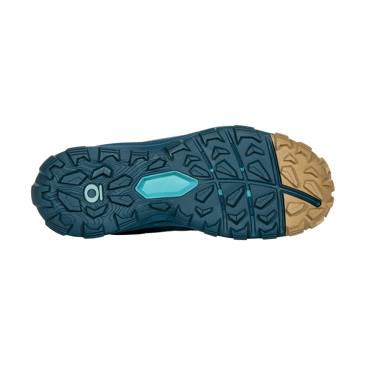 Sole of the Oboz Katabatic Low Dark Island hiking shoe with a multi-colored tread pattern in blue and brown tones.