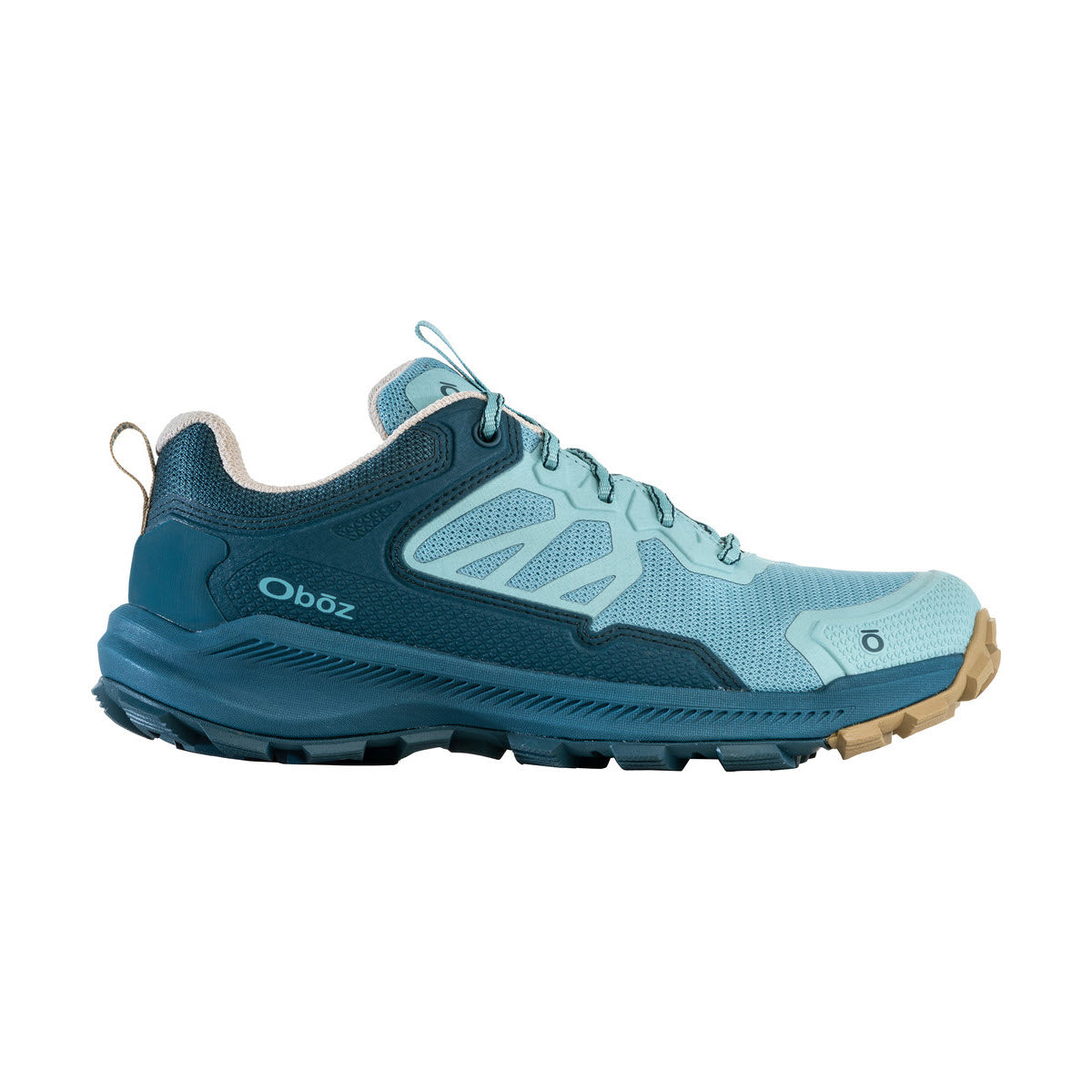 A light blue OBOZ KATABATIC LOW DARK ISLAND - WOMENS hiking shoe with laces, a rugged sole, and the brand logo visible on the side.