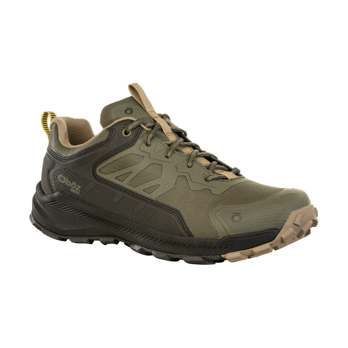 A single olive green OBOZ KATABATIC LOW B-DRY EVERGREEN hiking shoe is displayed against a white background.