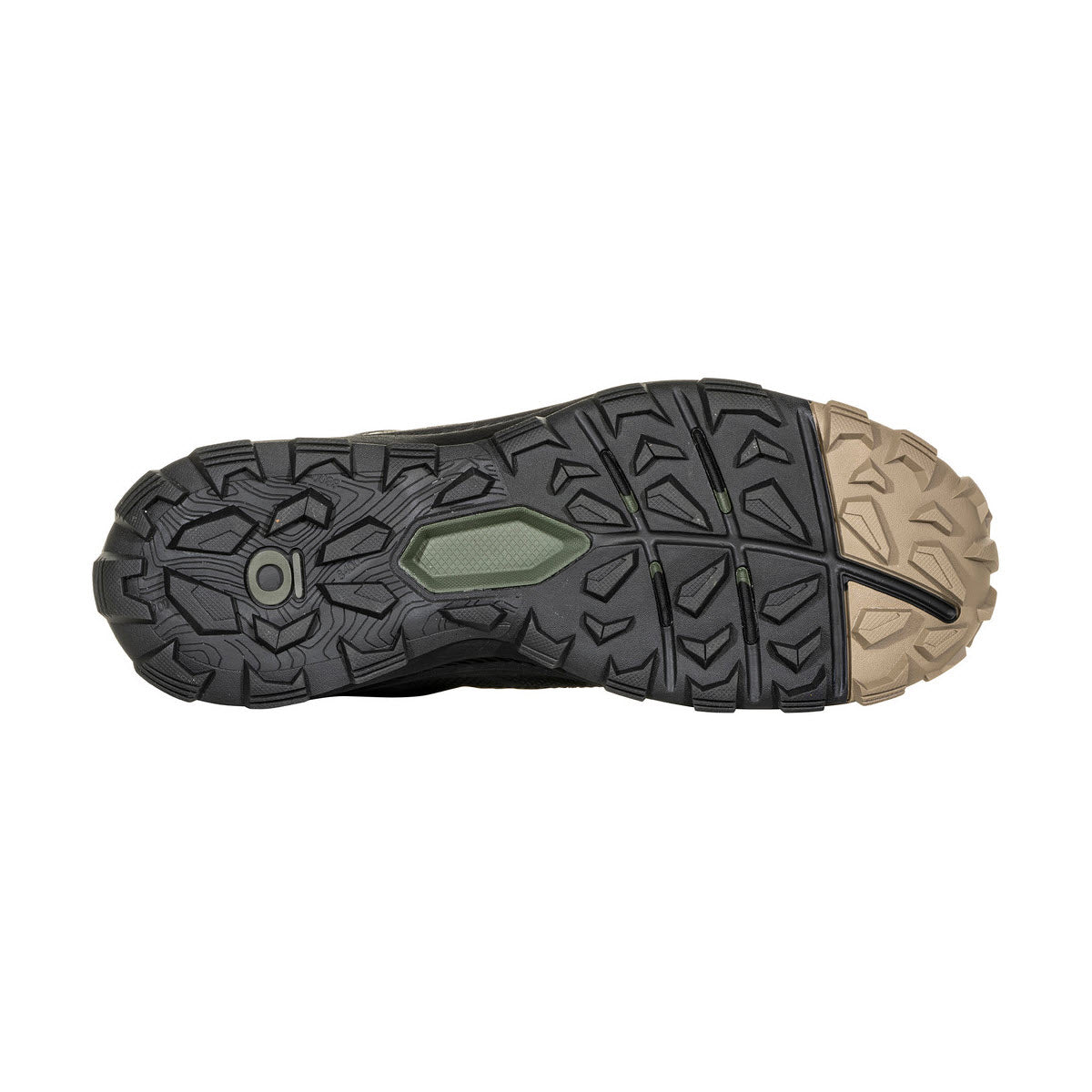 Sole of an Oboz Katabatic Low B-Dry Evergreen hiking shoe displaying multi-terrain tread patterns.
